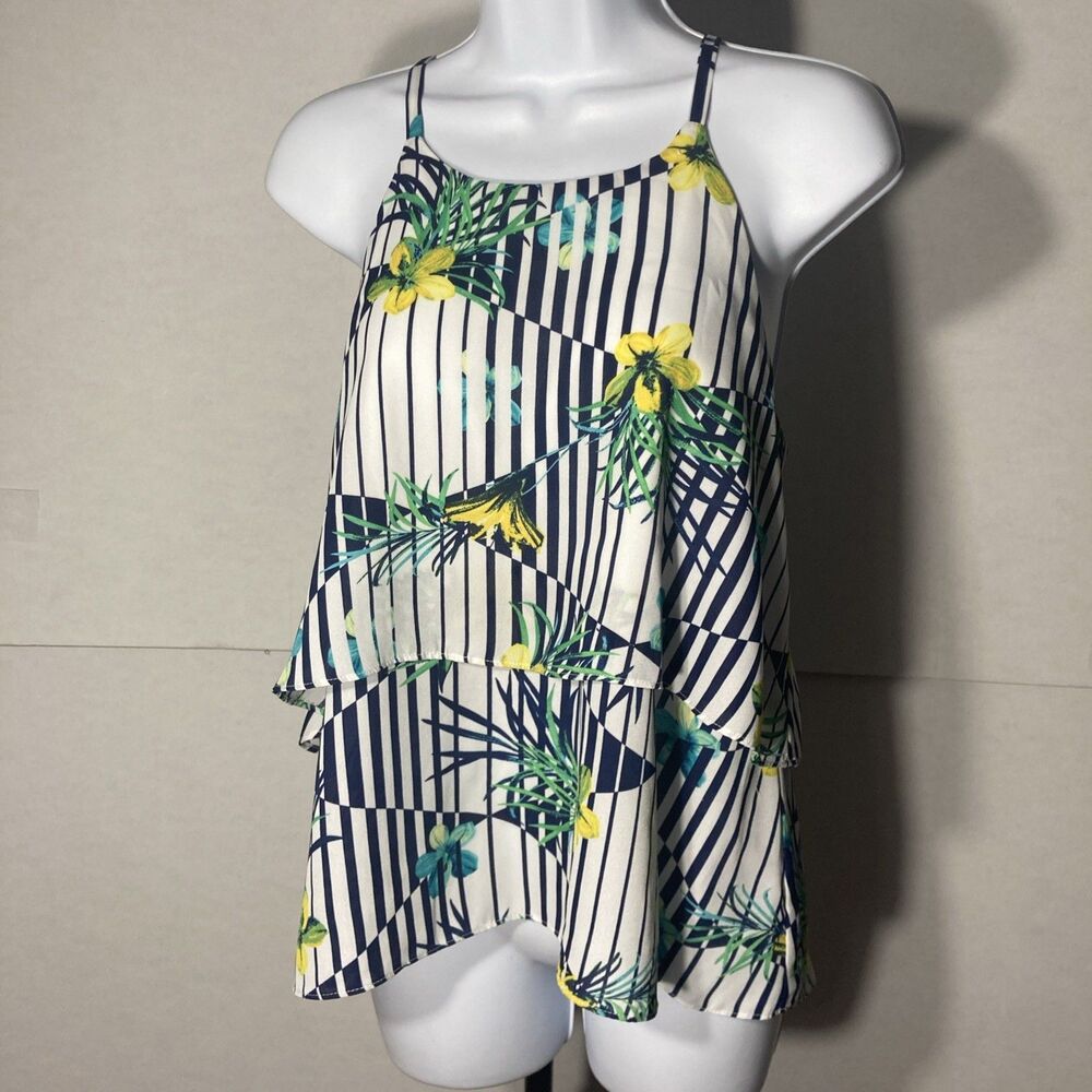 BY & BY white multicolor striped floral tiered spaghetti strap top M